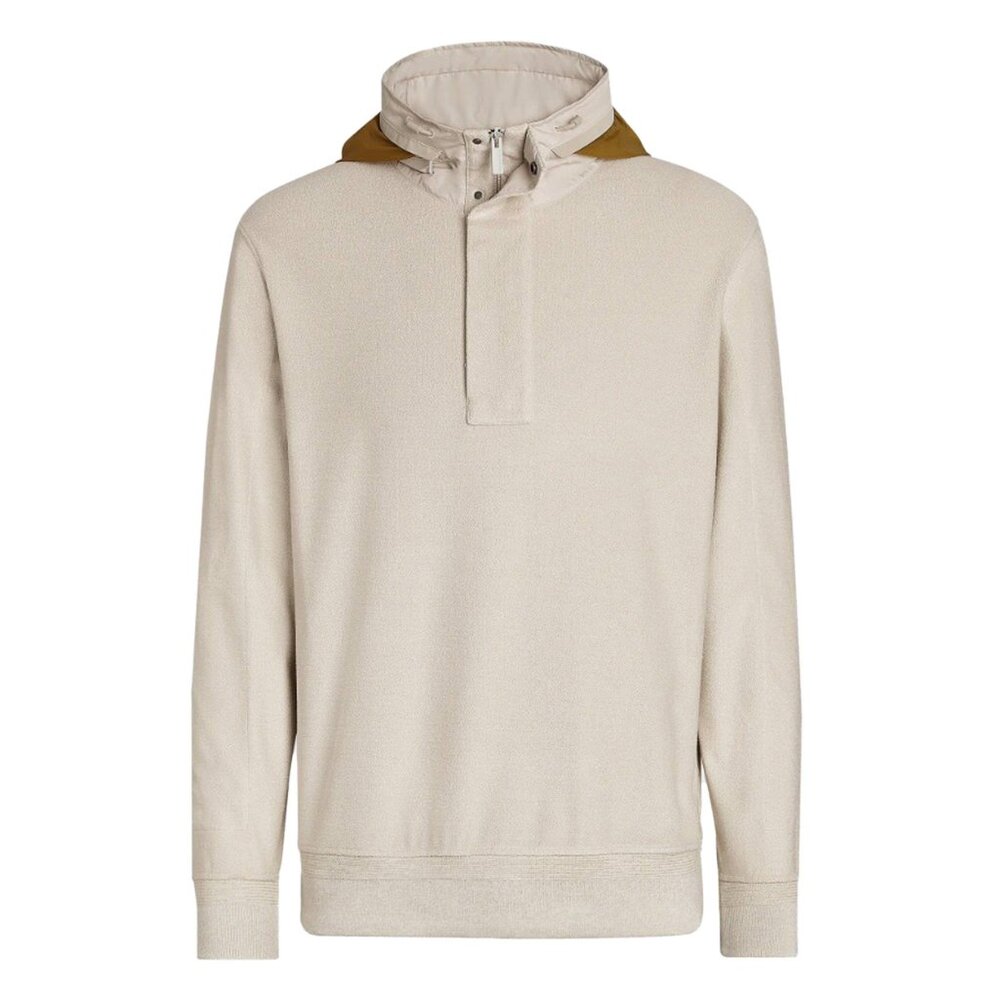 Ermenegildo Zegna Oatmeal Cotton Silk Blend Zipper Concealed Hood Sweatshirt